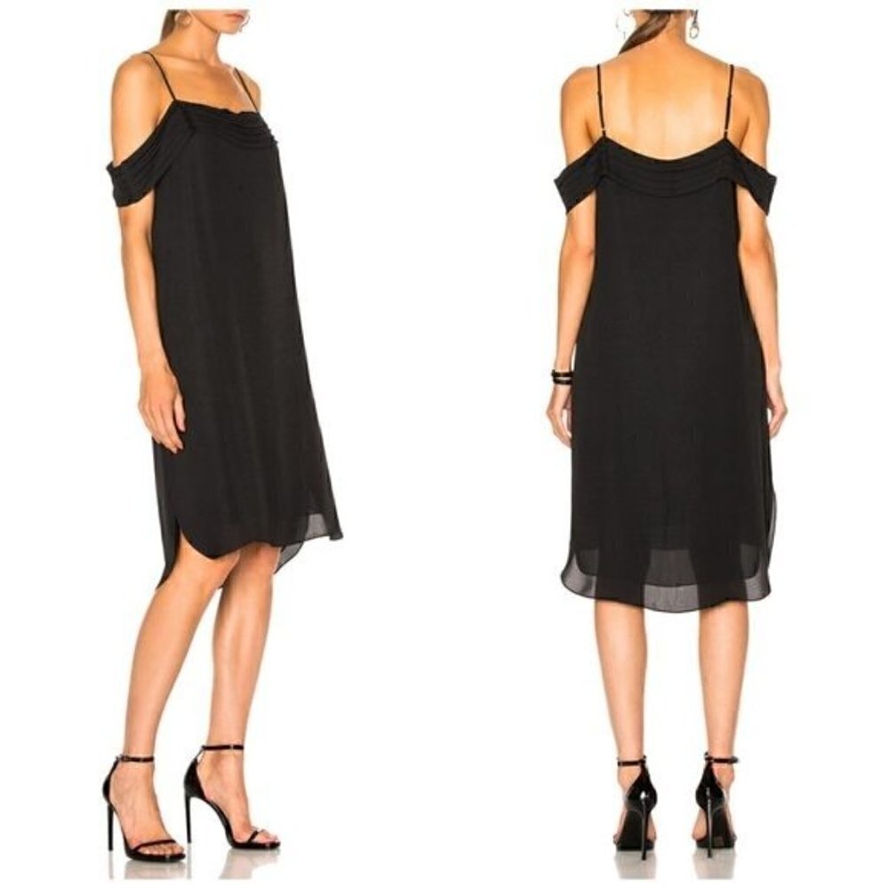 T BY ALEXANDER WANG Dress,Black Silk Pleated Off The Shoulder Midi Dress, Size 4